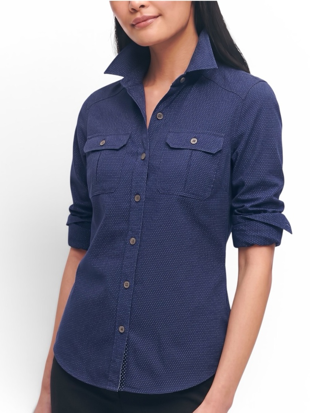 Paige Kadie Shirt In Whisper Dot Womens Sz XS Blue Denim Button Down Long Sleeve